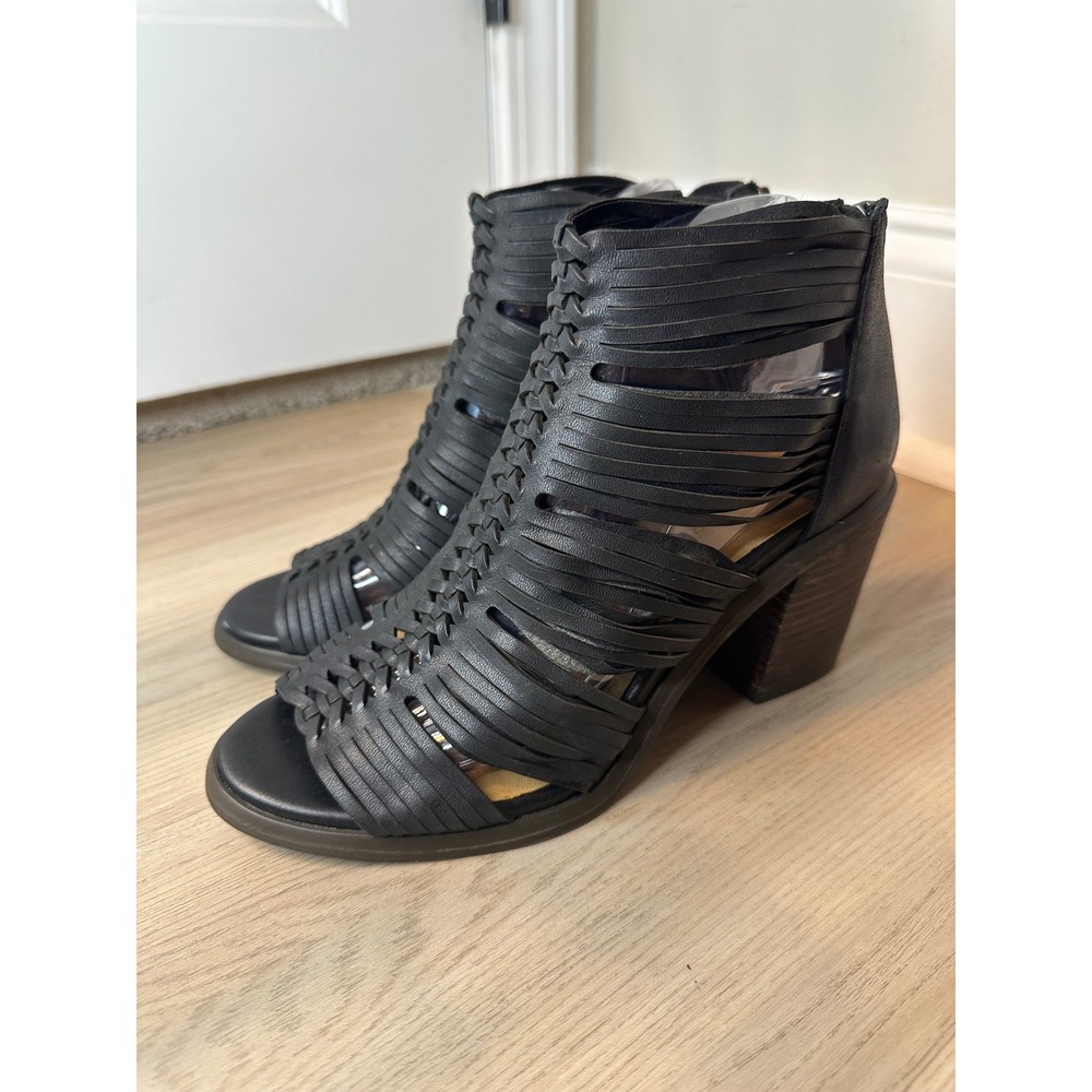 Lucky Brand Faralee Black Leather Woven Cage Block Heel Sandals Womens 8M